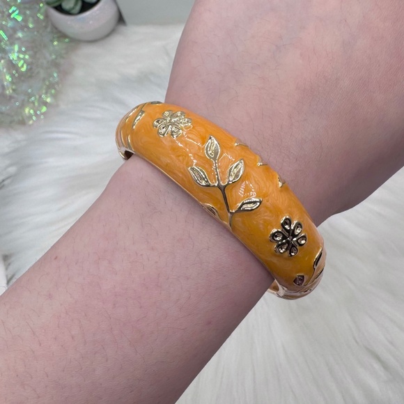 The Orange and Gold Thick Enamel Floral Design Bangle Bracelet - Picture 3 of 6
